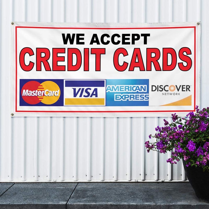 Sign Destination Vinyl Banner Sign We Accept Credit Cards Restaurant Cafe Bar Marketing Advertising Red - 12inx30in, 4 Grommets, One Banner - Image 5